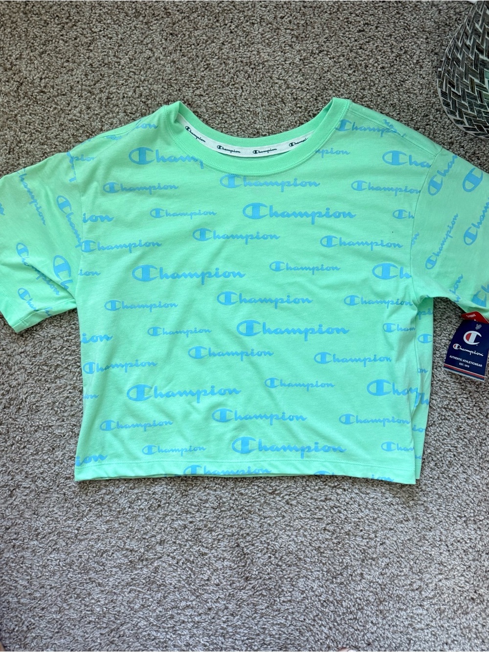 Champion Mint Green Tee with Blue Logo Print